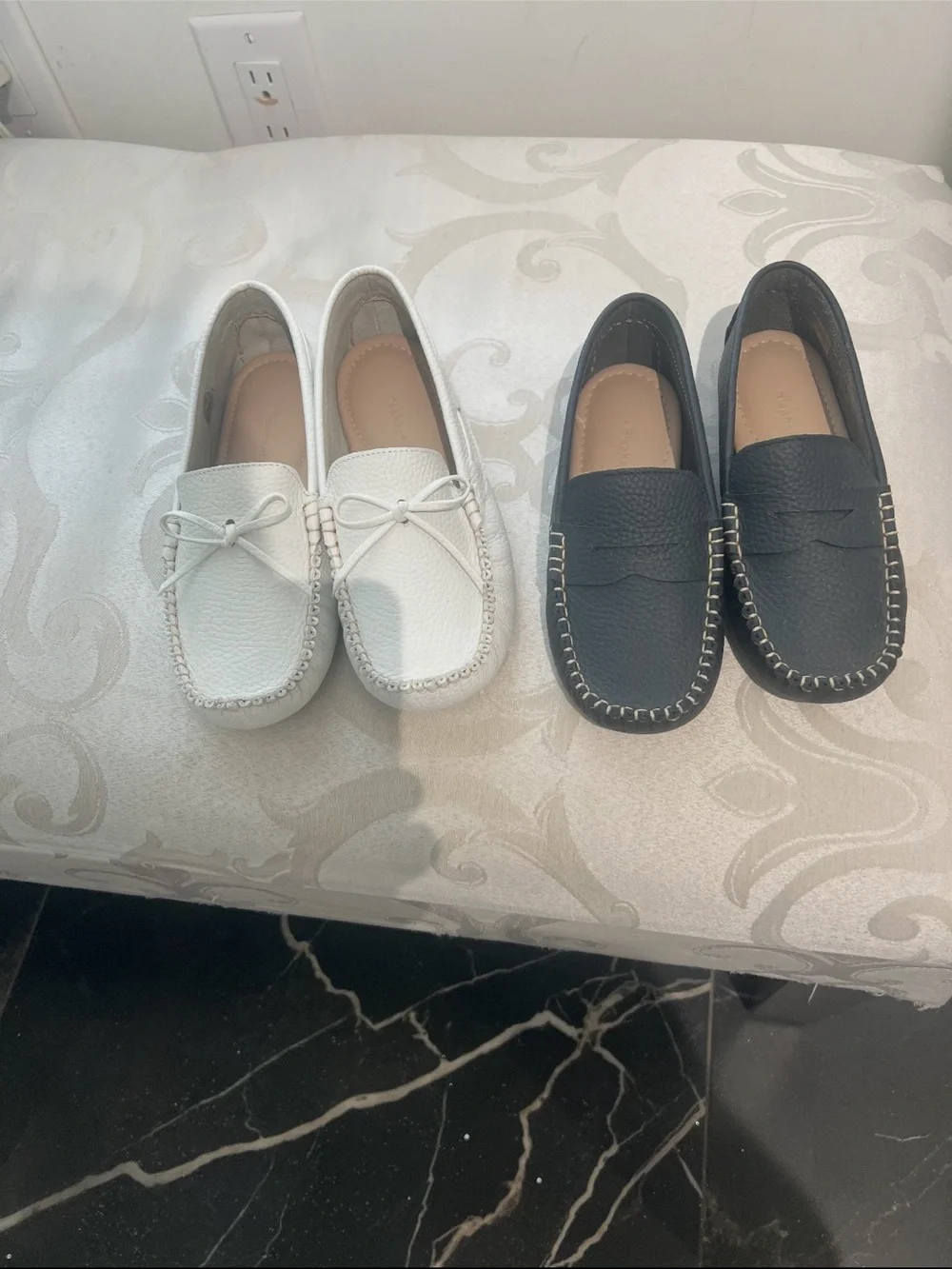 Classic Leather Moccasins - White and Navy Little Boy
